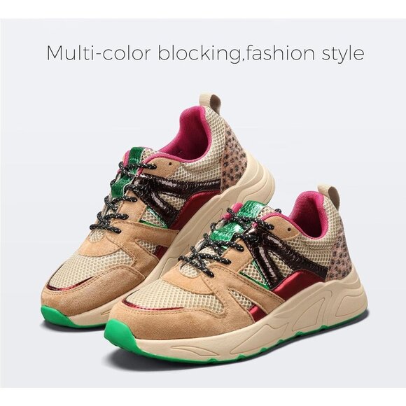 Brand New Women Camel/Beige Polyurethane LUCKY STEP Chunky Leopard Sneakers - Picture 2 of 9